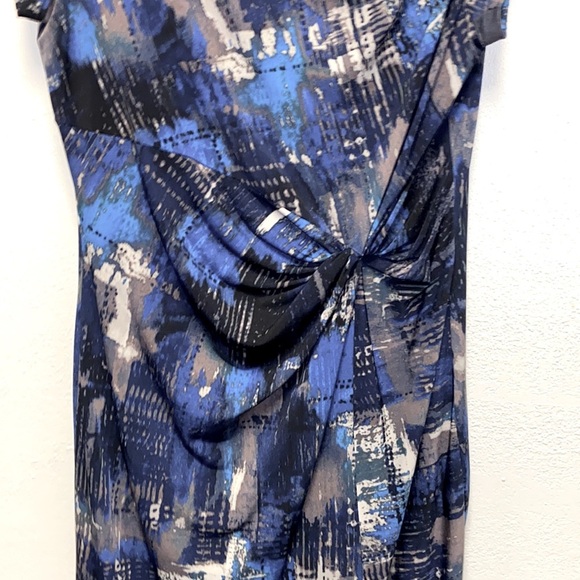 Ellen Tracy Size 10 Blue Brushstroke Front-Twist Lined A-Line Dress: 4917 - Picture 4 of 8